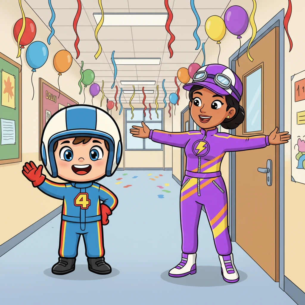 Met een brede glimlach arriveerde Lou op school. De gangen waren versierd met kleurrijke slingers en ballonnen. Bij de klasdeur stond Juf Hasna, stralend in haar eigen racepiloot-kostuum, om iedereen te begroeten. Wat denk je dat Juf Hasna's pilotenkostuum eruitziet?