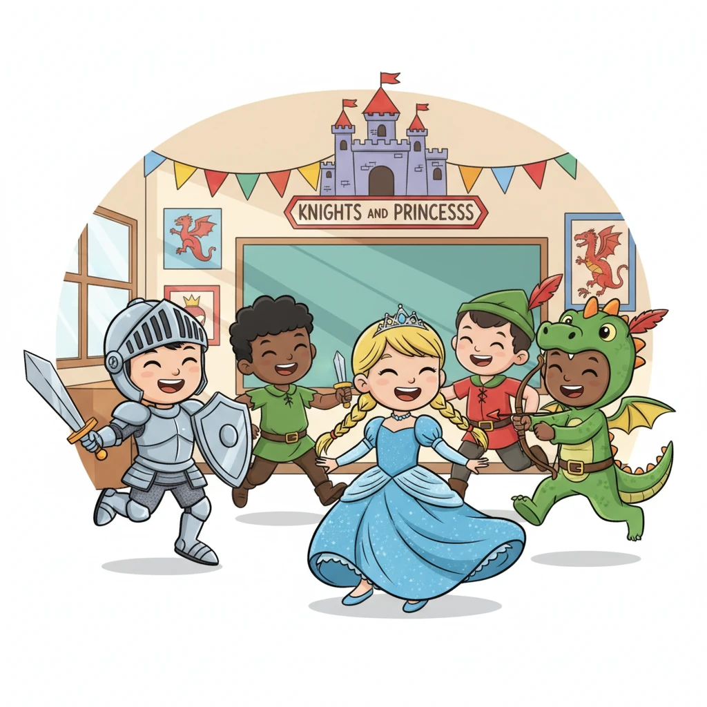 Binnen in de 'Ridders en Prinsessen'-klas zag Lou zijn vrienden al. Andreas, met zijn zwarte stekelhaartjes, was verkleed als een stoere ridder. Alexi, Soufiane en Mattia waren ook prachtig verkleed, klaar voor het feest. Ze lachten en renden rond, zo blij om elkaar te zien. Kun jij raden welke kostuums Lou's vrienden dragen?