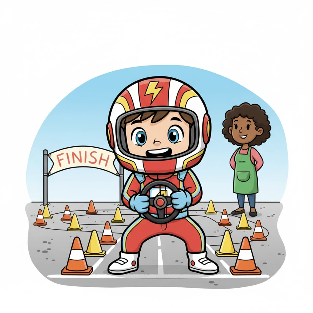 Toen was het tijd voor het hoogtepunt: de mini-racebaan! Juf Hasna had een parcours gemaakt met pylonen en een finishlijn. Lou, als Bliksem McQueen, stond te popelen om te laten zien hoe snel hij was. Hij hield zijn denkbeeldige stuur stevig vast. Wie denk jij dat de snelste racer zal zijn?