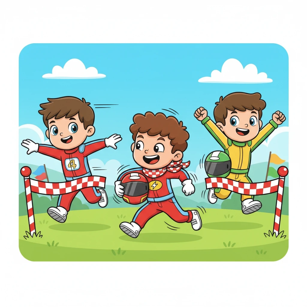 Lou en zijn vrienden begonnen hun 'race'. Ze renden, sprongen en bewogen hun armen alsof ze in echte raceauto's zaten. Andreas was een beetje ondeugend en probeerde Lou in te halen met een grappige bocht. Ze lachten allemaal terwijl ze over de finishlijn scheurden. Kun je juichen voor Lou en zijn vrienden?