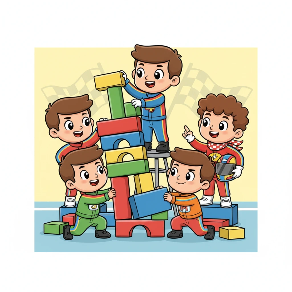 Na het racen was er een uitdaging: bouw de hoogste toren van blokken. Samen met Andreas, Alexi, Soufiane en Mattia werkte Lou hard om de toren stabiel te maken. Ze gaven elkaar tips en hielpen elkaar wanneer een blok bijna viel. Hoe kunnen Lou en zijn vrienden samenwerken om te winnen?