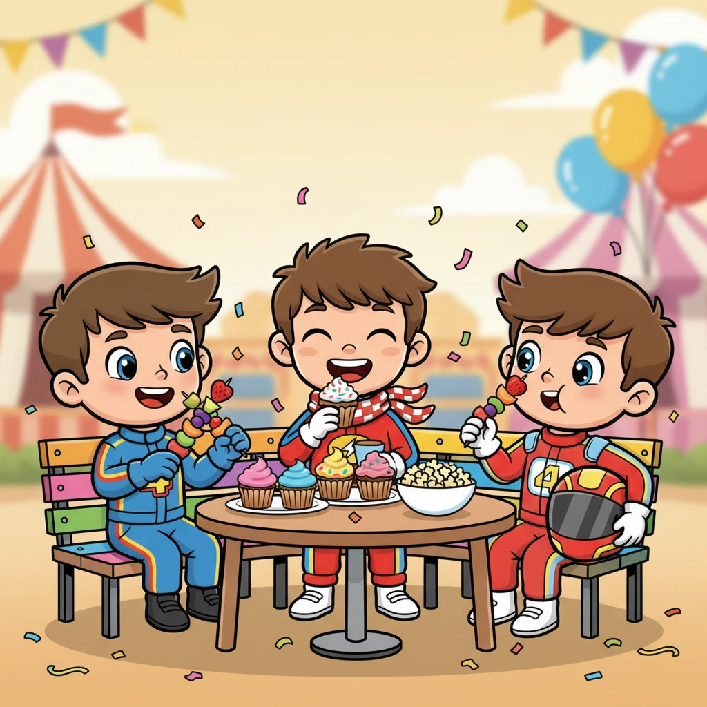 Daarna was het tijd voor een welverdiende pauze met lekkere carnavalslekkernijen. Er waren kleurrijke cupcakes en fruitspiesjes. De vrienden zaten samen te smullen en vertelden elkaar grappige verhalen over hun avonturen. Wat is jouw favoriete carnavalssnack?