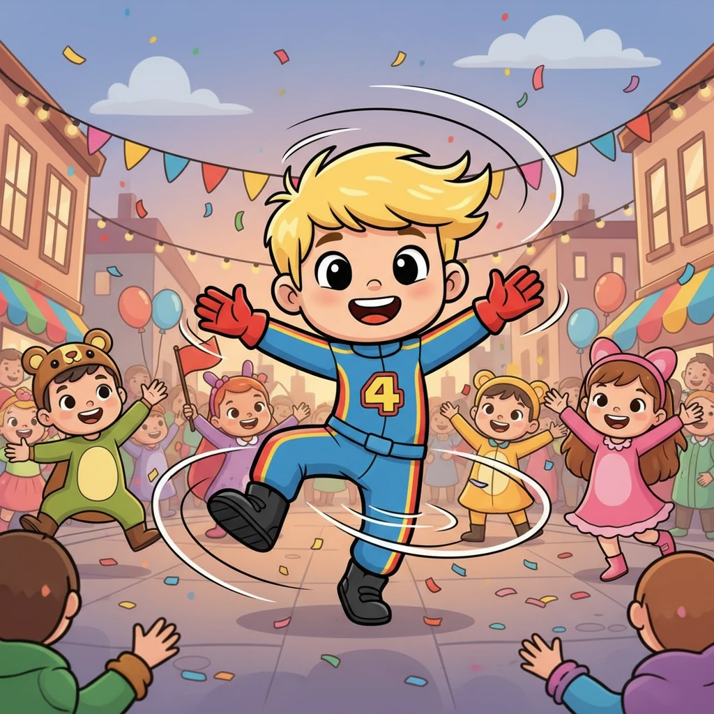 De dag eindigde met een vrolijke dansparade. Iedereen liet trots zijn kostuum zien en danste op de muziek. Lou draaide en zwaaide met zijn armen, zijn blonde haren dansten mee. Het was een feest van kleuren en blije gezichten. Kun jij een blije dans doen zoals Lou?