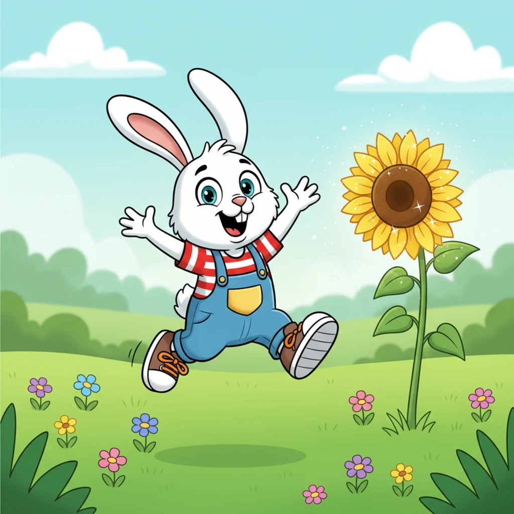 Buster, a fluffy white bunny with ears that flopped just so, bounced excitedly through the vibrant green meadow. His bright, curious eyes twinkled as he spotted something truly magnificent sparkling by a tall sunflower.