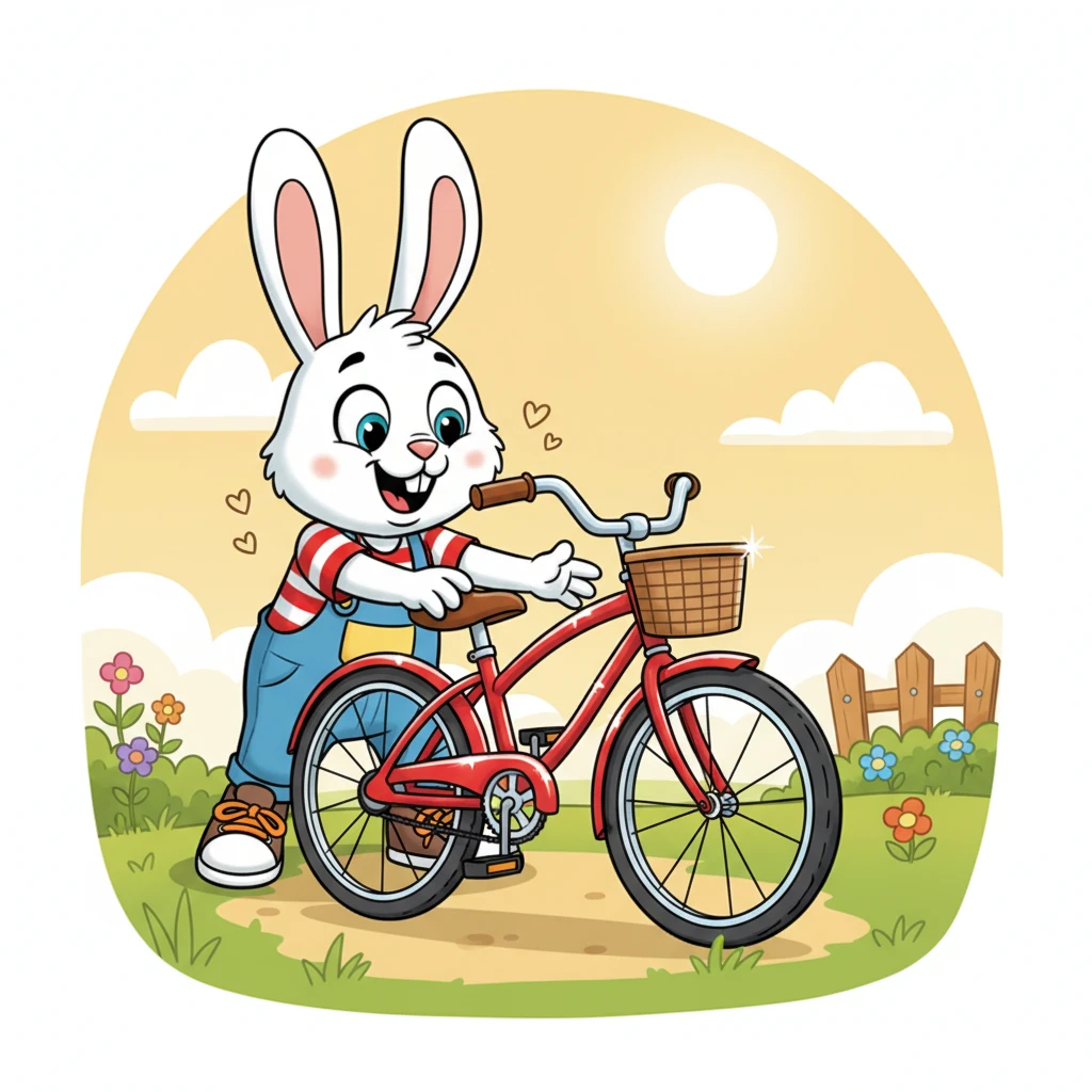 It was a shiny, cherry-red bicycle, gleaming under the warm sun with its perfect chrome handlebars and comfy-looking seat. Buster's heart thumped with a new dream: he absolutely had to try riding that magnificent machine.