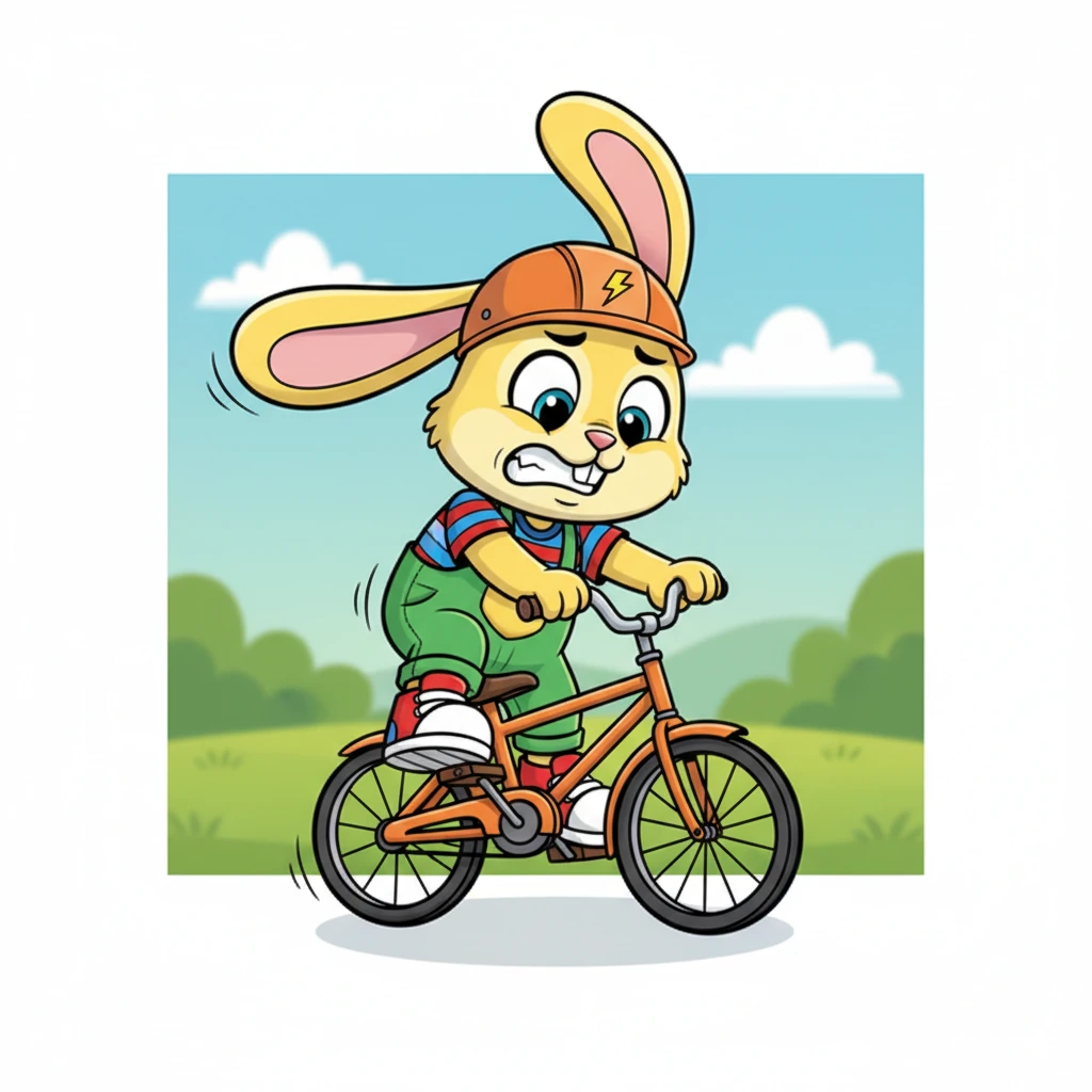 With a comical hop and a wiggle, Buster struggled to climb onto the bicycle. His long ears bounced as he finally managed to perch awkwardly on the seat, his little paws grasping the handlebars with determination.