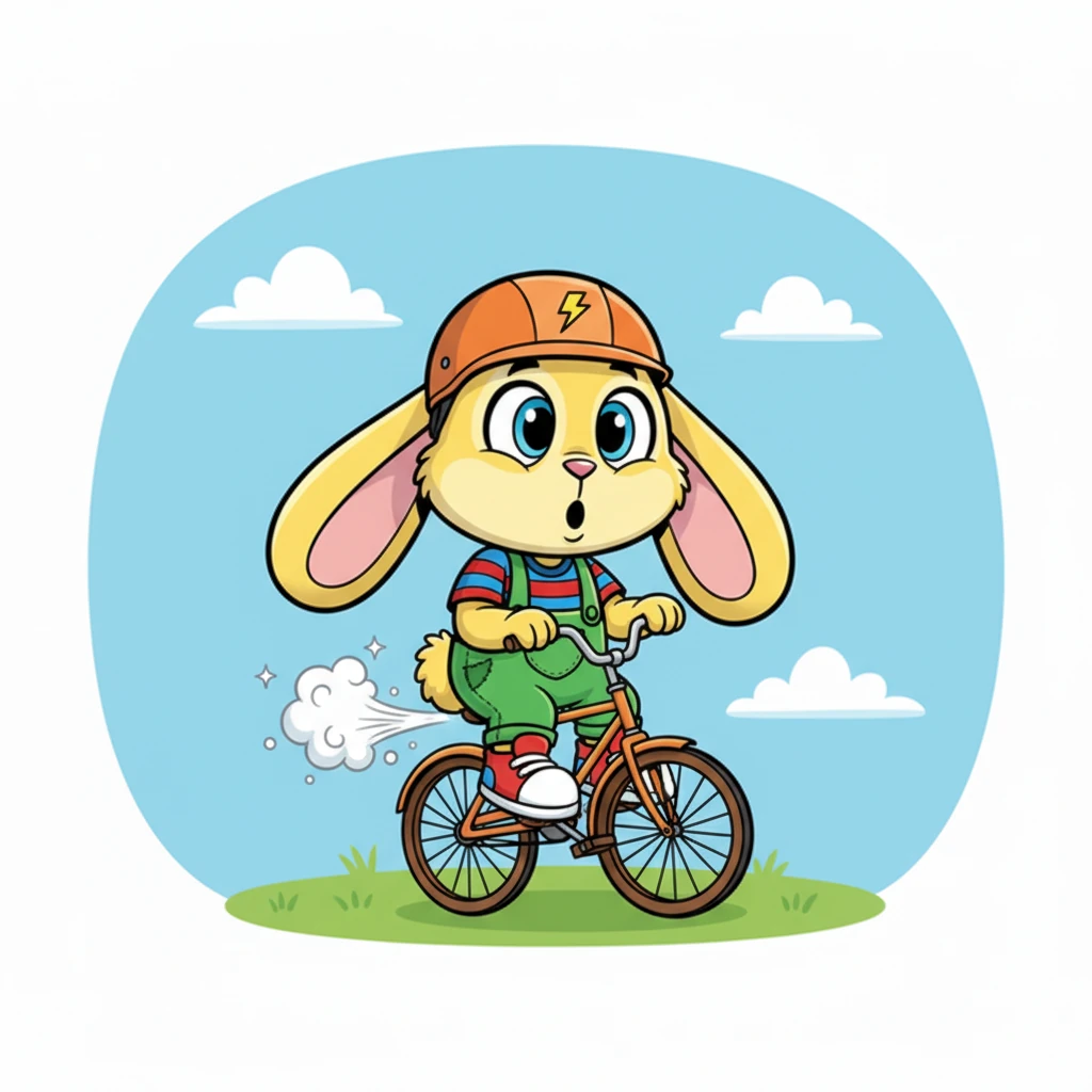 The very instant Buster's soft, fluffy bottom settled onto the bicycle's seat, a tiny puff of cartoon smoke mysteriously appeared from underneath. Buster's expressive face registered a mix of surprise and confusion, one ear twitching quizzically.