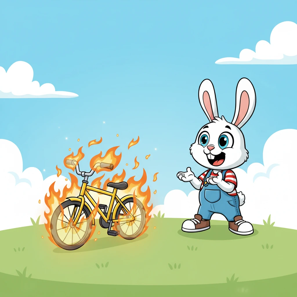 Before he could even blink, the small smoke puff transformed into lively, playful flames that danced around the bicycle's frame. The fire wasn't scary, but rather a whimsical, bright orange glow that made the bicycle look truly extraordinary.