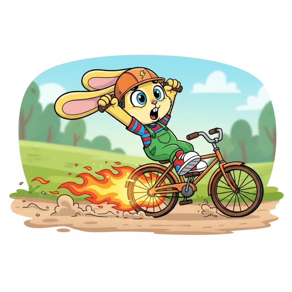 Instead of stopping, the bicycle's wheels suddenly whirred to life and spun with incredible speed. With a whoosh, it zoomed forward, pulling a wide-eyed Buster along for an unexpected, fiery ride.