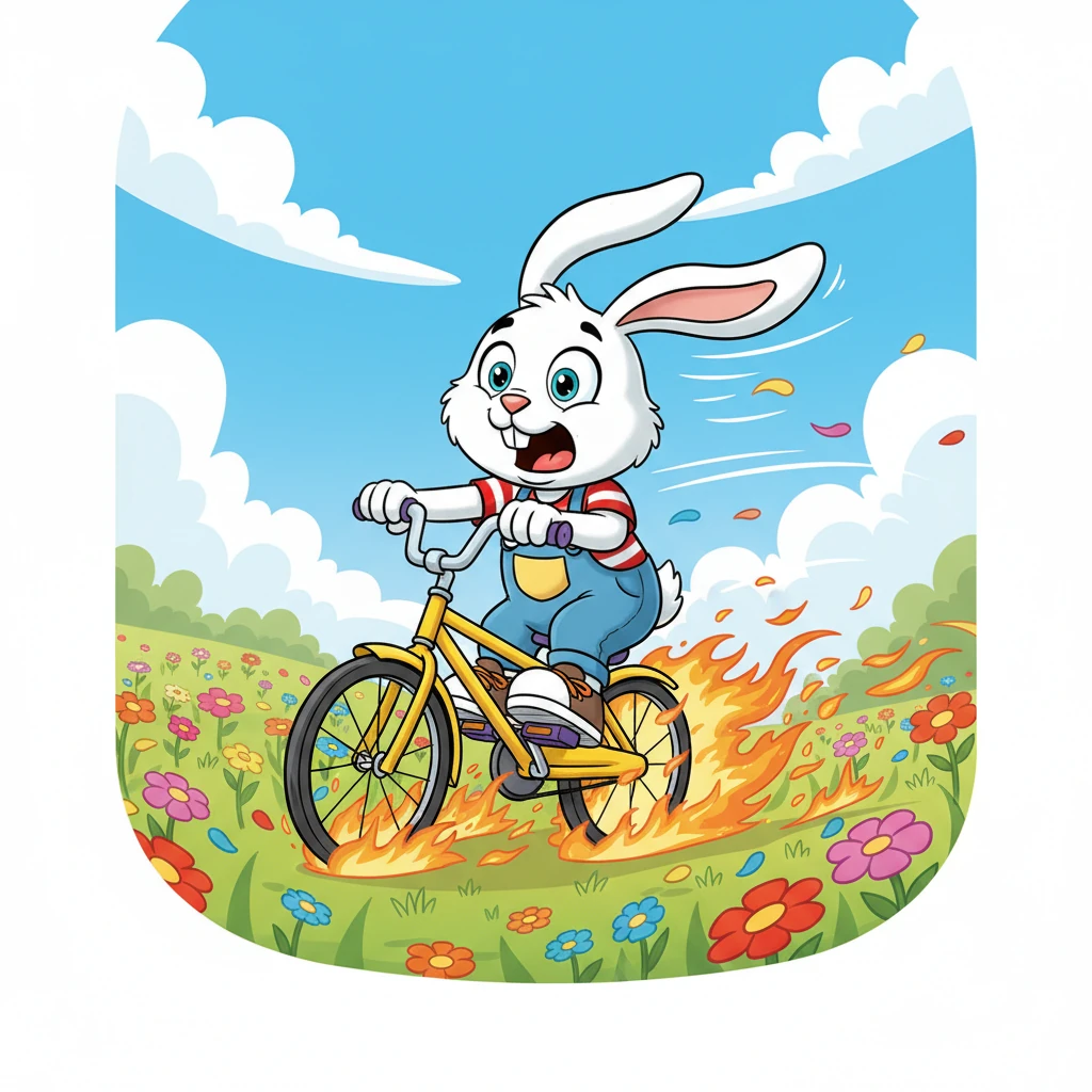 Buster clung on for dear life, his ears flying back in the wind as the blazing bicycle sped through a field of colorful wildflowers. He was a blur of white fur and comical panic, yelling with delight and fright all at once.