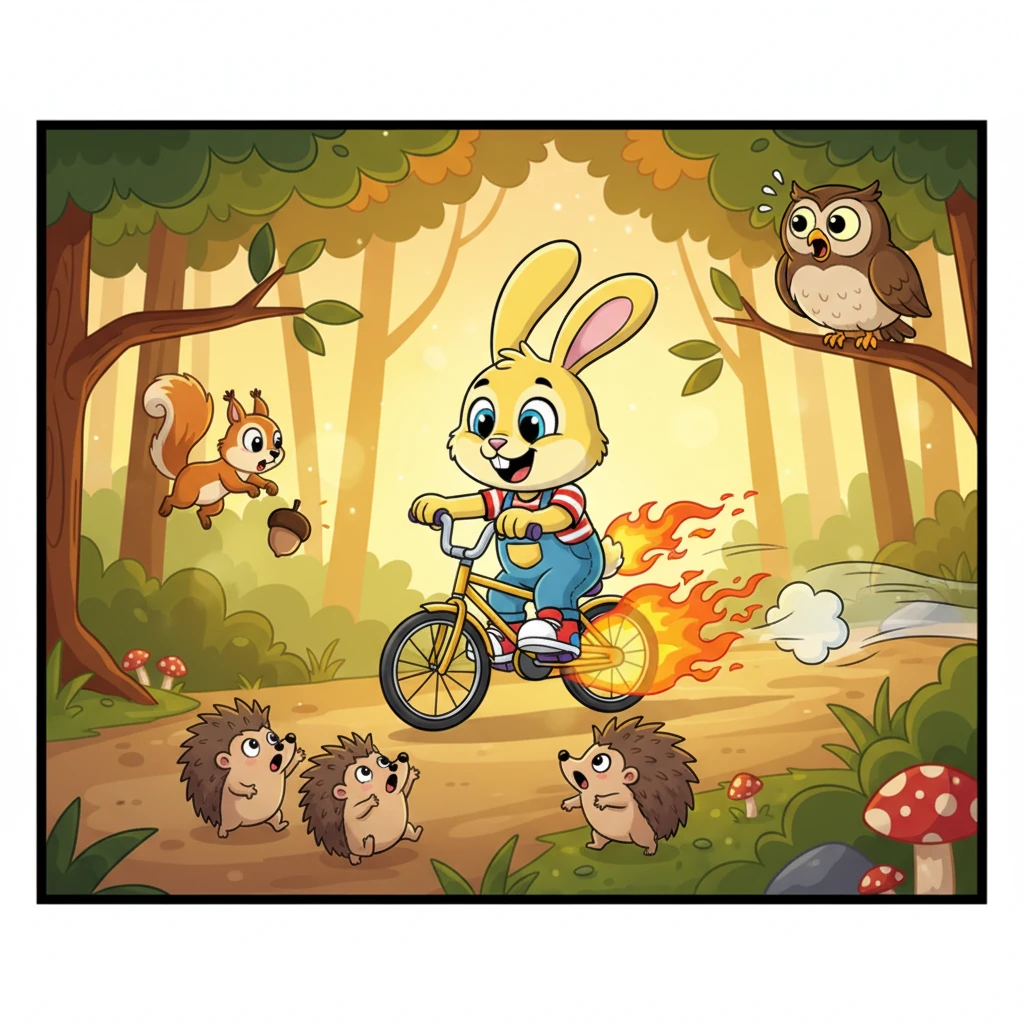 The fiery bicycle, with Buster still aboard, zipped past surprised forest creatures. A squirrel dropped its nut, a family of hedgehogs froze mid-waddle, and a wise old owl hooted in astonishment as they watched the spectacle.