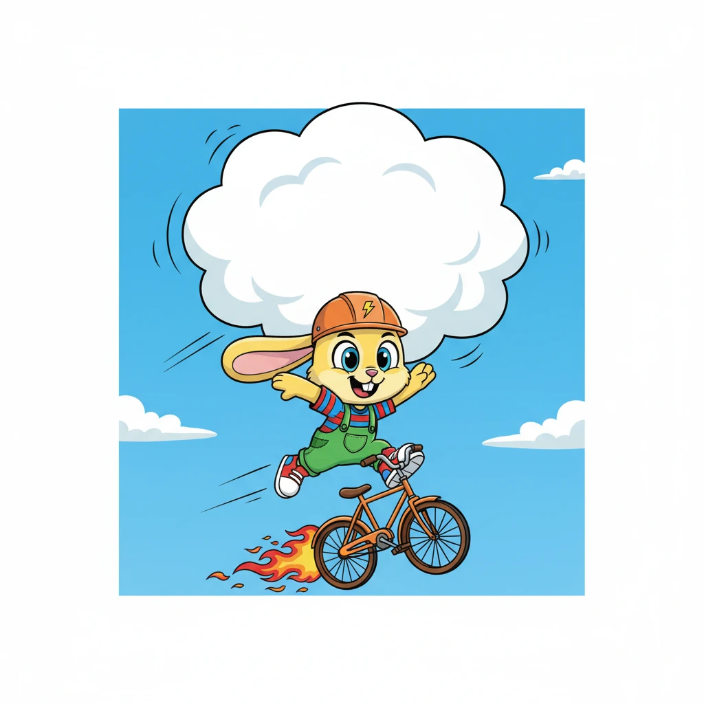 As the wild ride continued, Buster spotted a giant, fluffy white cloud floating low in the sky, looking perfectly soft. With a brave, exaggerated leap, he launched himself off the fiery bike, aiming for the cloud.