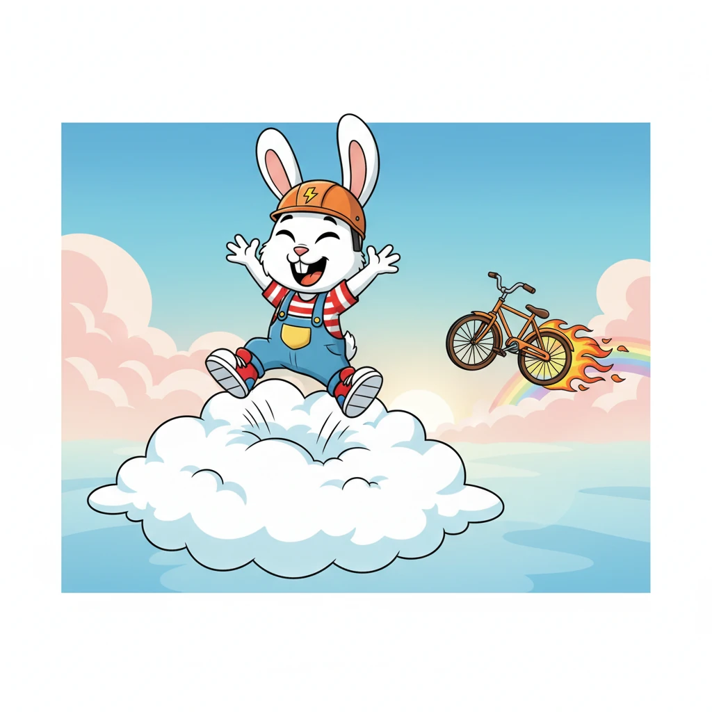 Buster landed with a joyful bounce in the soft, billowy cloud, giggling as he watched the now riderless, blazing bicycle continue its comical journey into the distant horizon. He was safe, sound, and ready for his next adventure.