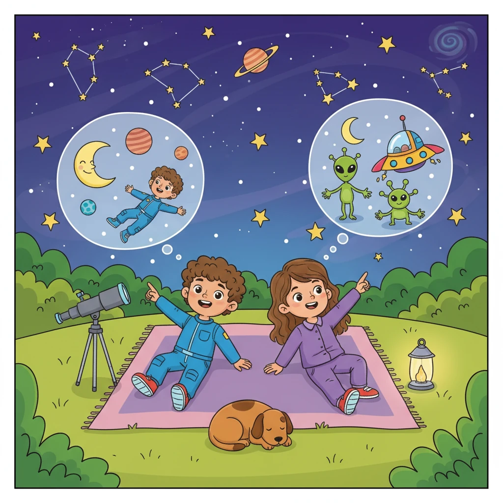 Leo and Luna loved to gaze at the stars. Every night, they would lie in Leo's backyard, pointing out constellations and dreaming of space. They imagined themselves soaring through the galaxy, exploring planets, and meeting aliens.