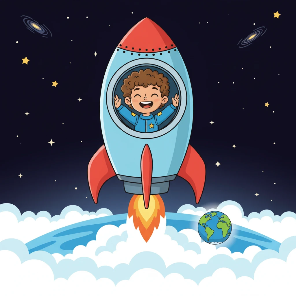 The rocket ship blasted off with a whoosh! They soared past fluffy clouds and into the inky blackness. They saw the Earth shrinking beneath them, a beautiful blue marble in the void. Luna giggled as they floated through space.