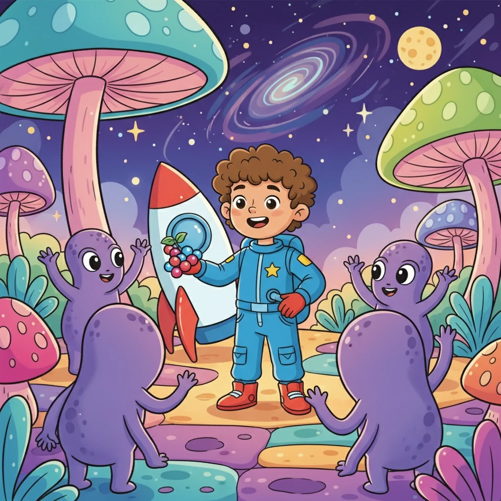 Their rocket ship landed on a colorful planet filled with giant, bouncy mushrooms. They met friendly, purple aliens who welcomed them with open arms. The aliens offered them delicious space-berries to eat.