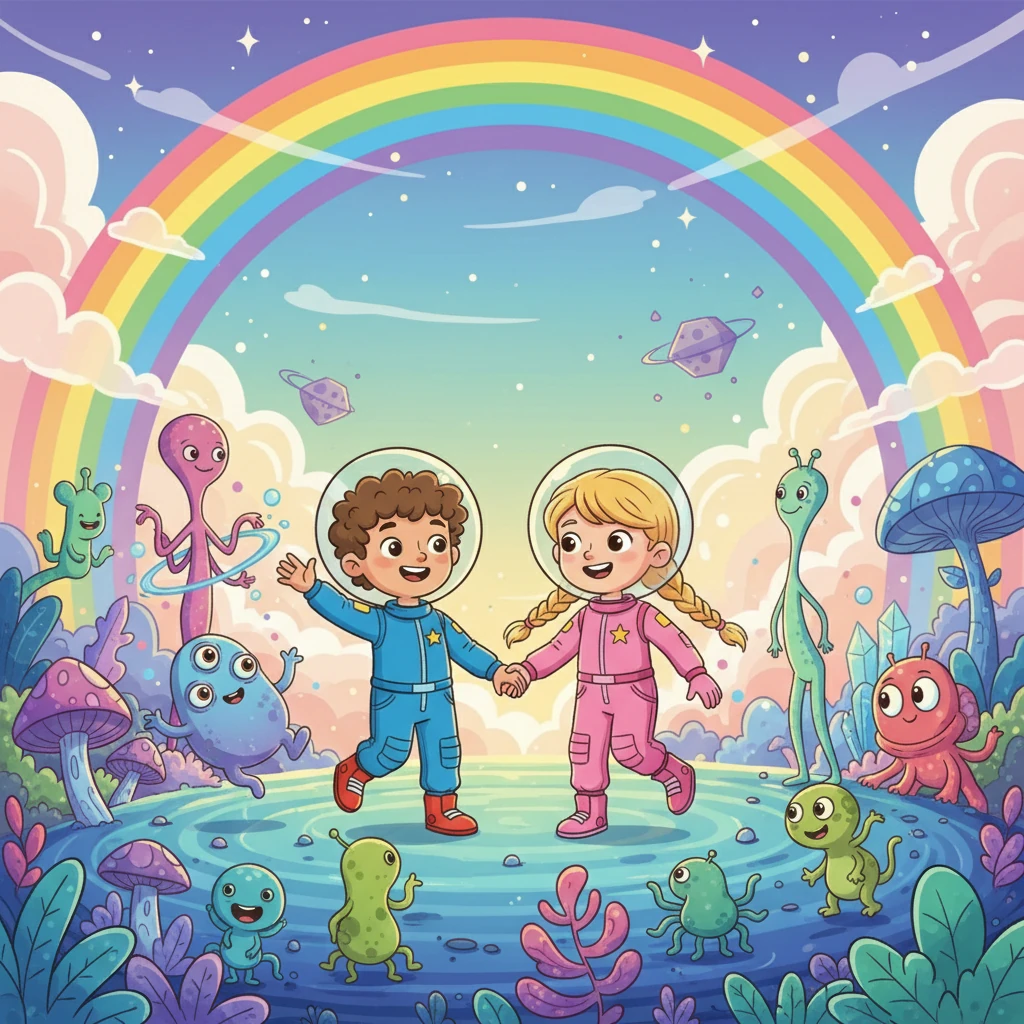Leo and Luna explored the planet, playing games with the aliens and marveling at the strange and wonderful sights. They danced under a rainbow-colored sky and felt the joy of their shared dream.