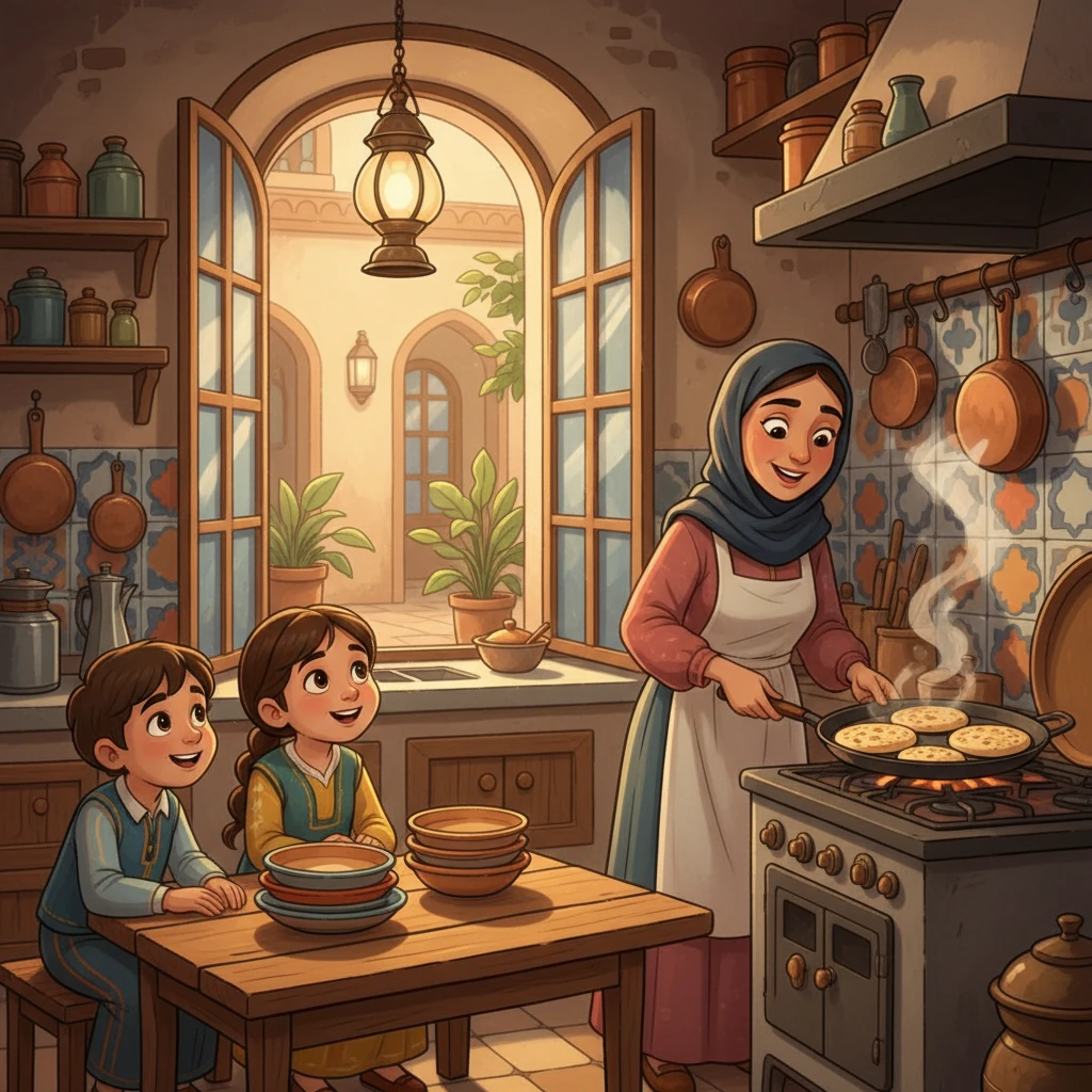في مطبخ دافئ، ينتظر بلسم ورسيل بفارغ الصبر. تنتظر الأطباق فوق الطاولة. الأم تعدّ طبقًا من رقائق البغرير الشهية.