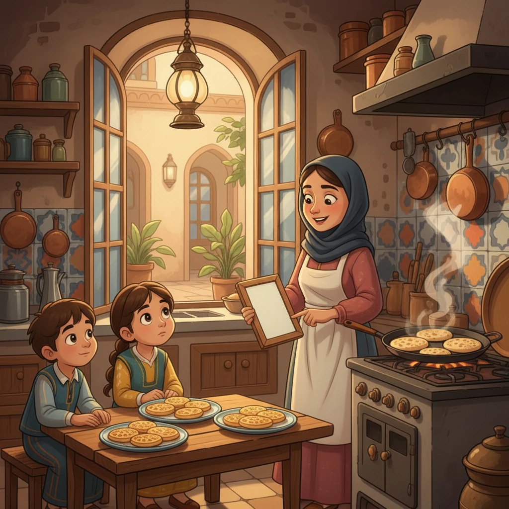 أخذ بلسم سبورته الصغيرة وكتب عليها: 5 x 3 = 15. شرح لرسيل أن هناك ثلاثة أطباق، وكل طبق به خمس رقائق بغرير.