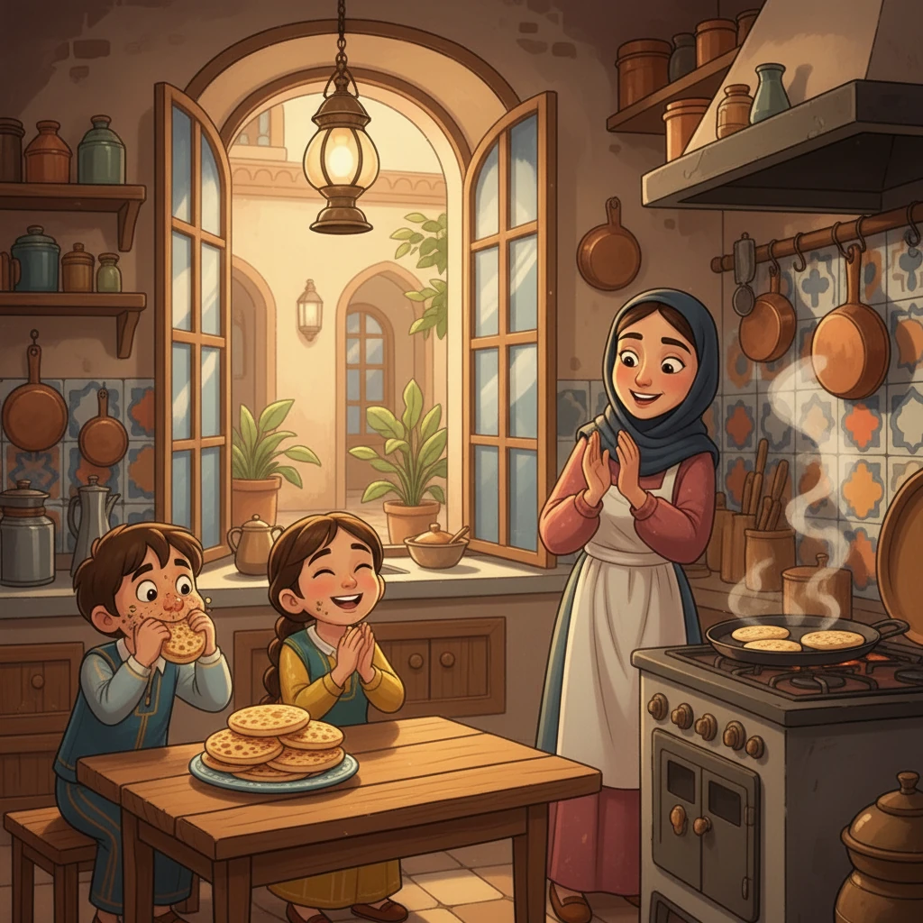 فرحت رسيل، وقالت: "شكراً لك يا بلسم!" الأم صفقت لهما، بينما كان بلسم يلتهم رقائق البغرير كأنه أسد.