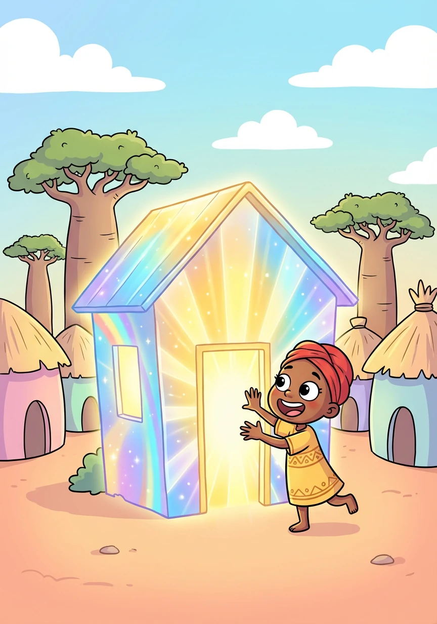 In the sunny village of Mtoni, nestled among baobab trees and colorful huts, stood a school unlike any other. It wasn't built of brick and mortar, but of pure sunlight and laughter, and was known as The Bright School of Wonder. Its walls shimmered with every color imaginable, making it look like a rainbow had decided to take a rest.