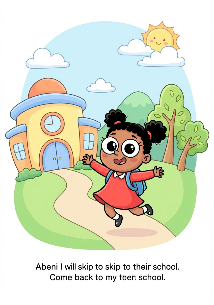 A young girl named Abeni, with eyes as bright as the morning star and a spirit as curious as a monkey, skipped towards the school. Today was her first day, and her heart fluttered with excitement and a tiny bit of nervousness, like a bird trying to take flight.