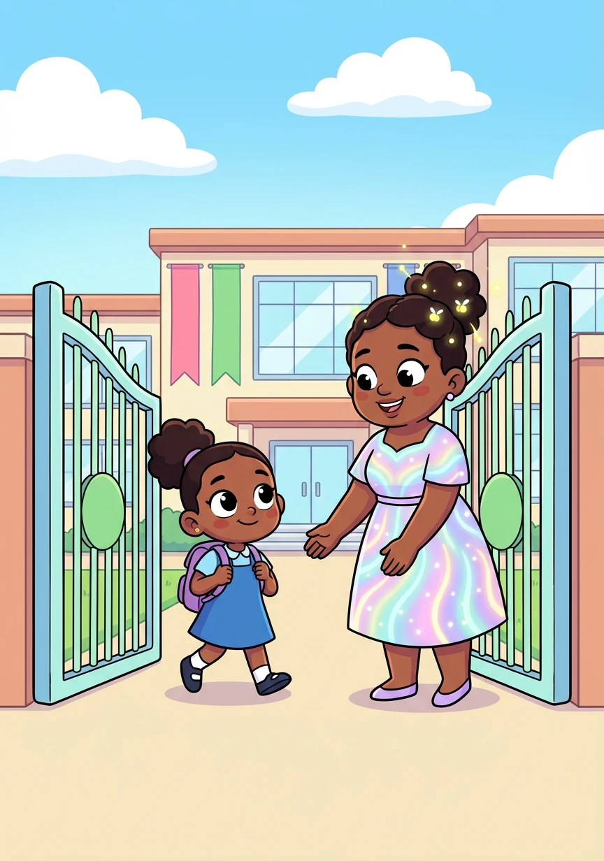 As Abeni entered the school gates, she was greeted by Mrs. Zawadi, the headmistress, whose smile could melt glaciers. Mrs. Zawadi wore a dress made of woven moonlight and her hair was adorned with twinkling fireflies, creating a warm, inviting atmosphere.