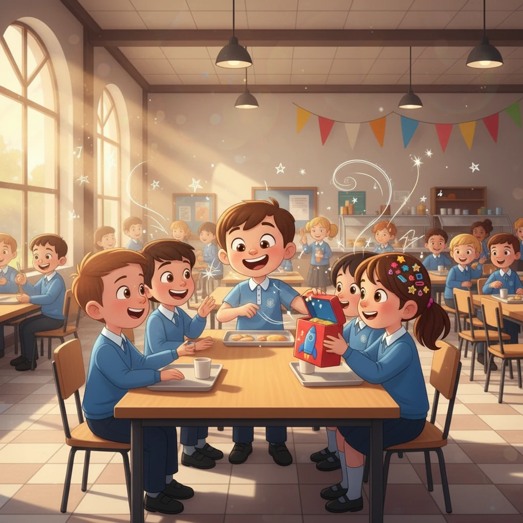 Across from Leo sat Maya, who had a collection of colorful barrettes in her hair. Next to her was David, who was enthusiastically opening his lunchbox. The air was filled with the happy chatter of classmates.