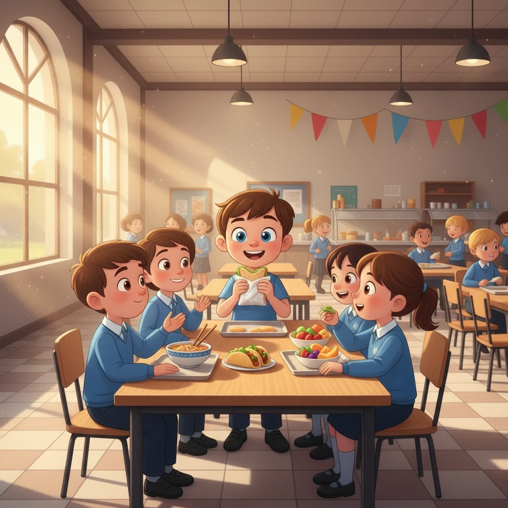 Leo unwrapped his sandwich, a delicious treat his mother had packed for him. He looked around at his friends and noticed the different foods they had brought from home. There were noodles, tacos, and fresh fruit.