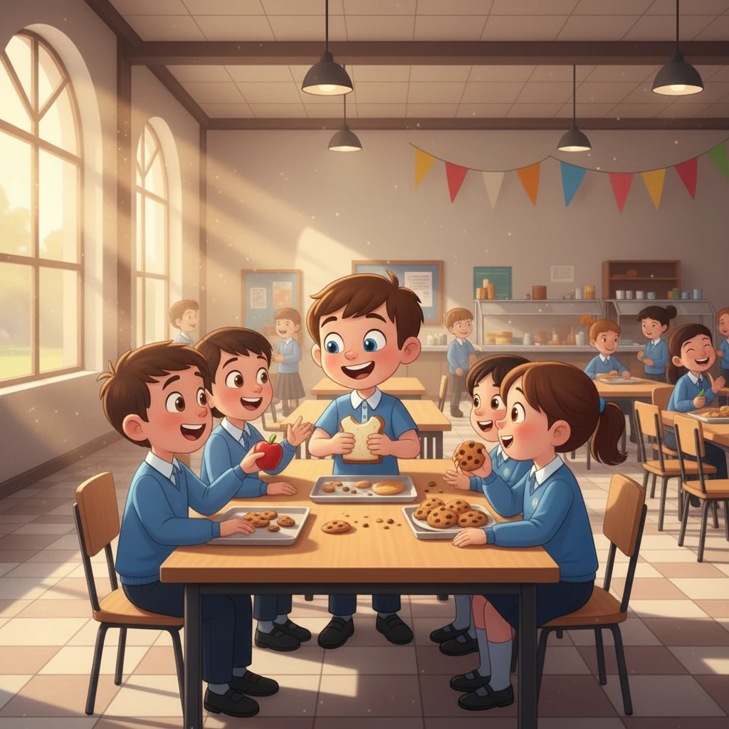 David offered Leo a piece of his apple, and Maya shared some of her homemade cookies. Leo offered them a piece of his sandwich. They all happily exchanged food and shared laughs.