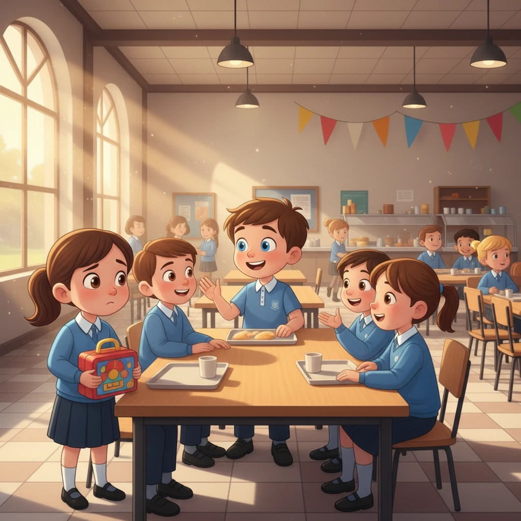 Suddenly, a new student named Sarah arrived at their table. She looked a little shy, holding her lunchbox. Leo and his friends immediately invited her to join them.