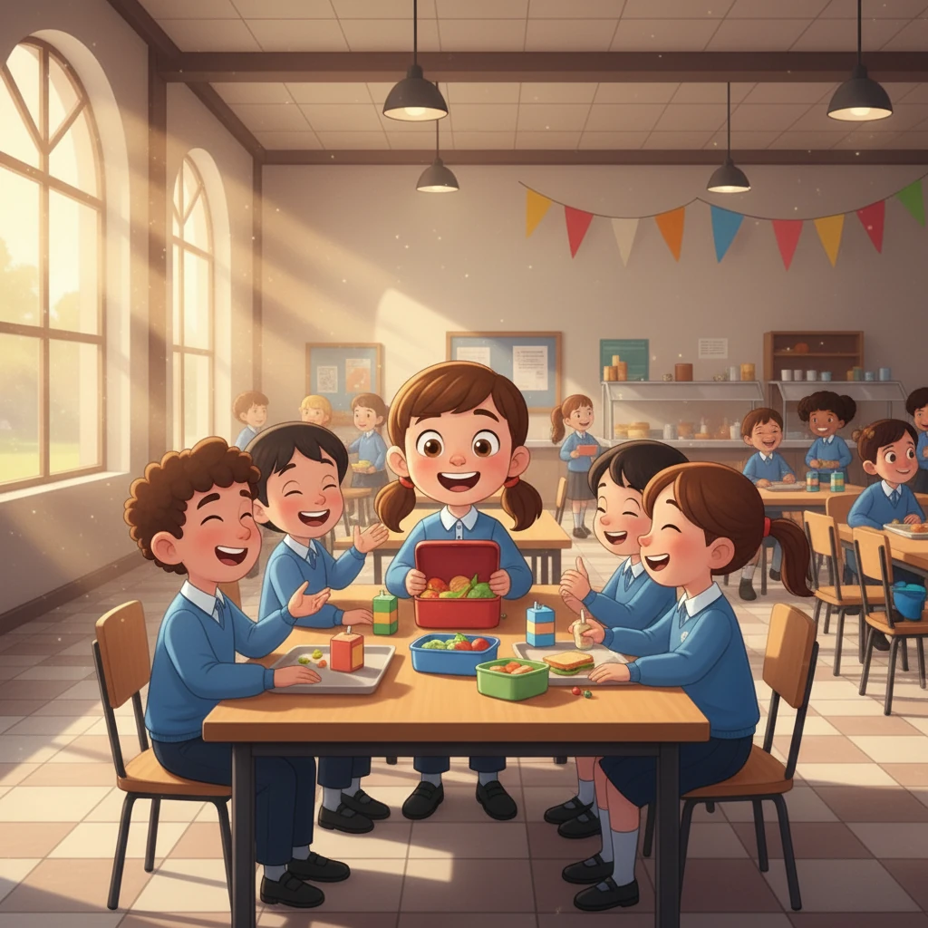 Sarah, her face lighting up with a smile, sat down and opened her lunchbox. The friends, now a larger lunch bunch, continued to eat, laugh, and celebrate the beautiful diversity and friendship they shared in their school cafeteria.