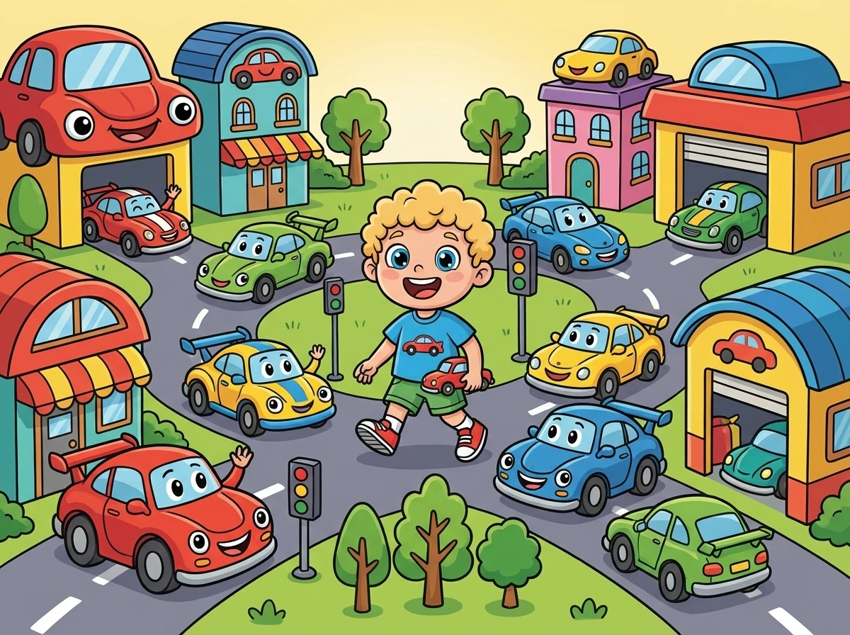 Eines Morgens ging Leo nach Car Town. Car Town war voller fröhlicher Rennautos.