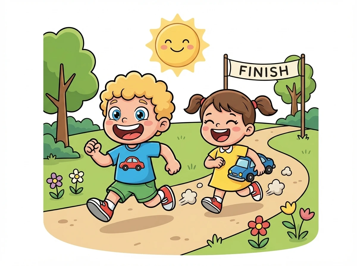 Flash schlug vor: 'Lass uns ein Rennen fahren!' Sky stimmte zu: 'Ja, das wird lustig!'