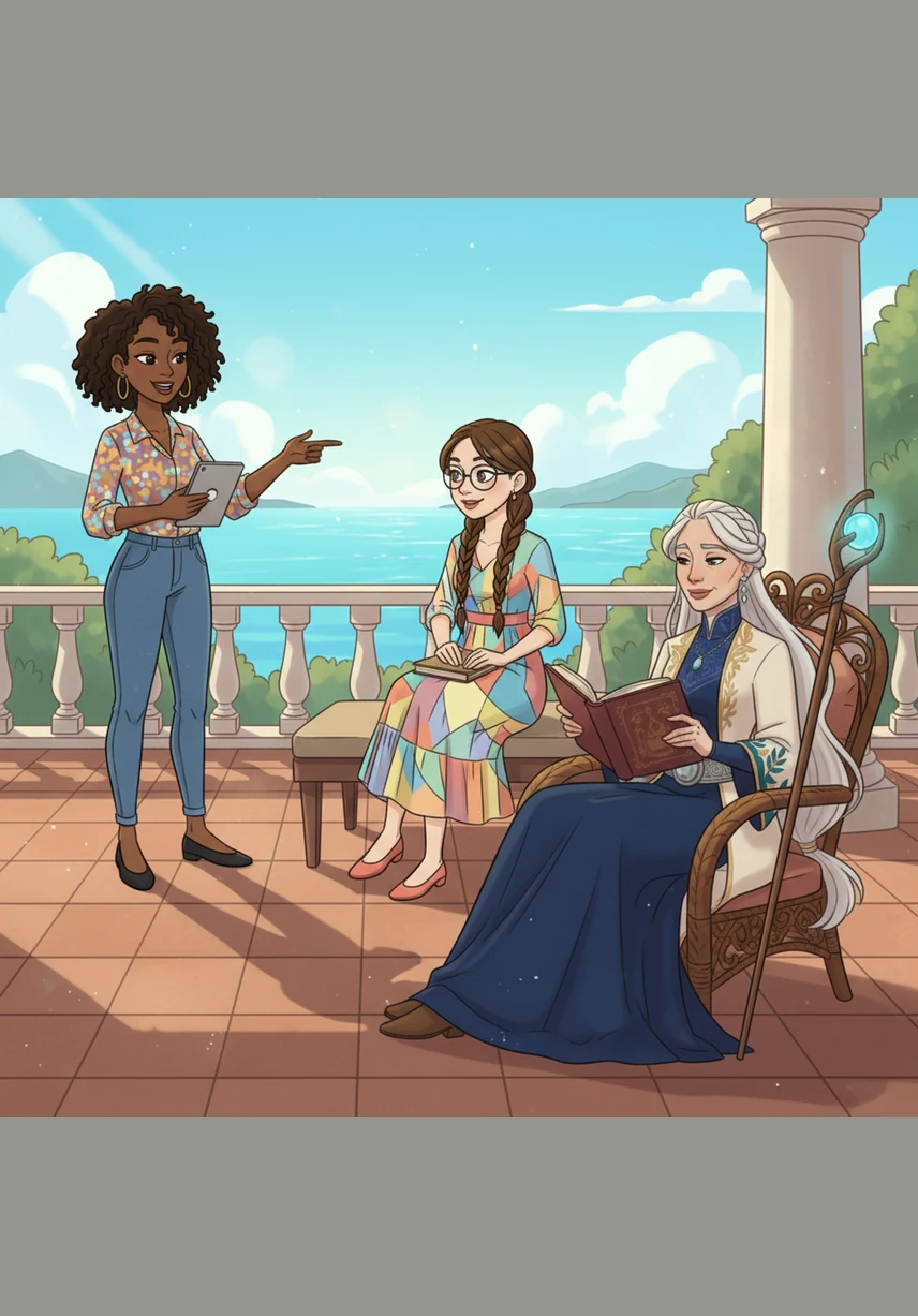 Elena settles into the wicker chair, her hand fan fluttering rhythmically as she smiles at her dear friends gathered on the veranda. The afternoon sun is warm, but the air between them is heavy with the shared, unspoken heat of their changing bodies.