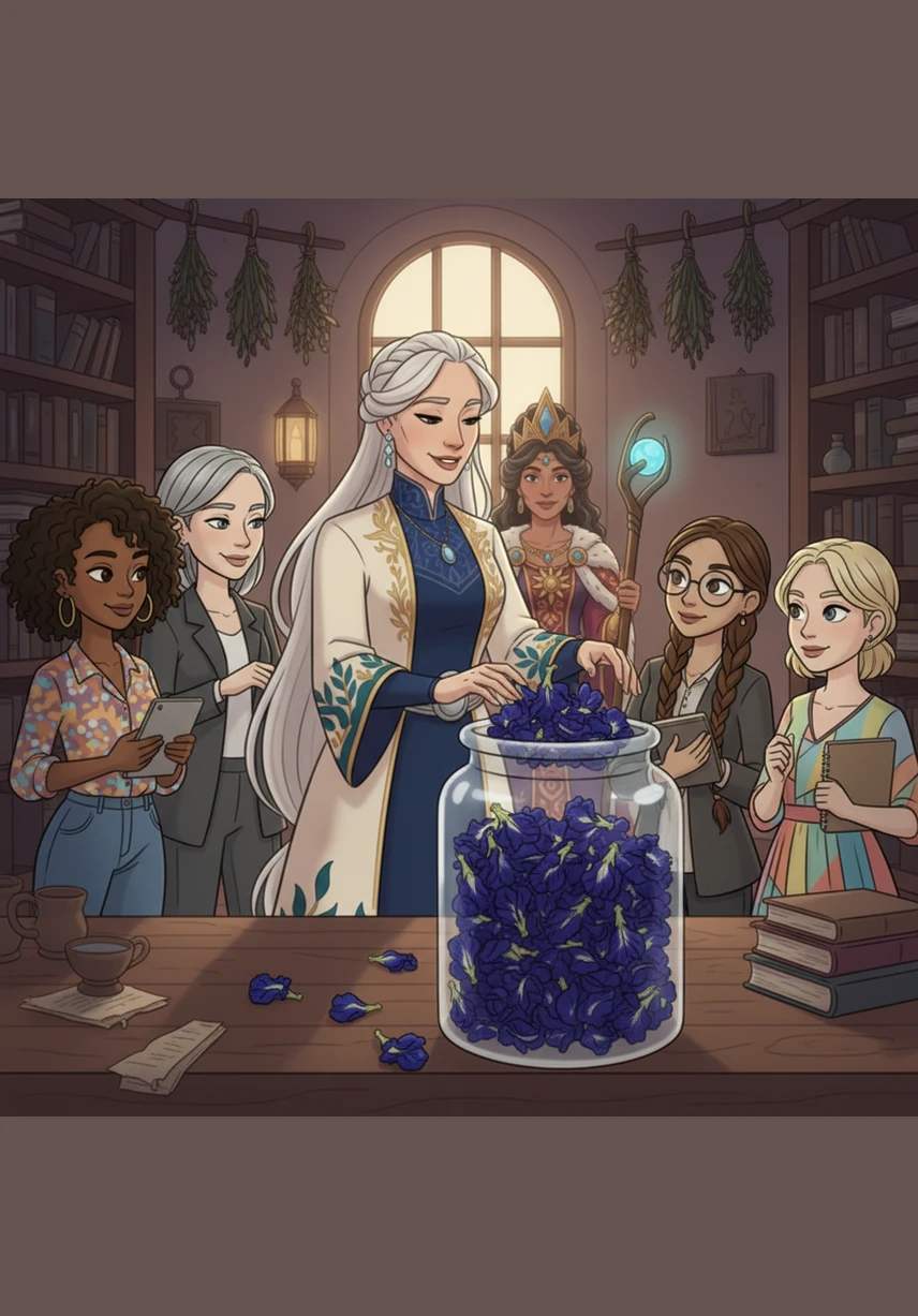 She reaches for a glass canister filled with dried butterfly pea flowers, their petals a deep, velvety cobalt that seems to hold the essence of a midnight sky. This is the Royal Blue, she whispers, her voice a soothing balm to their restless spirits.
