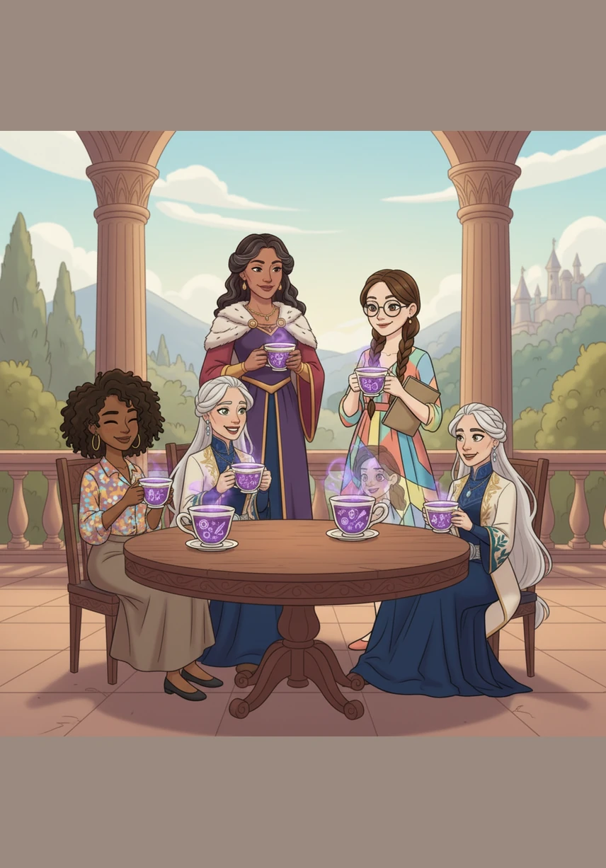 The veranda is filled with soft laughter now, the heavy tension replaced by a sense of wonder and shared understanding. They look at their purple tea, seeing it no longer as a strange brew, but as a reflection of their own beautiful, changing lives.