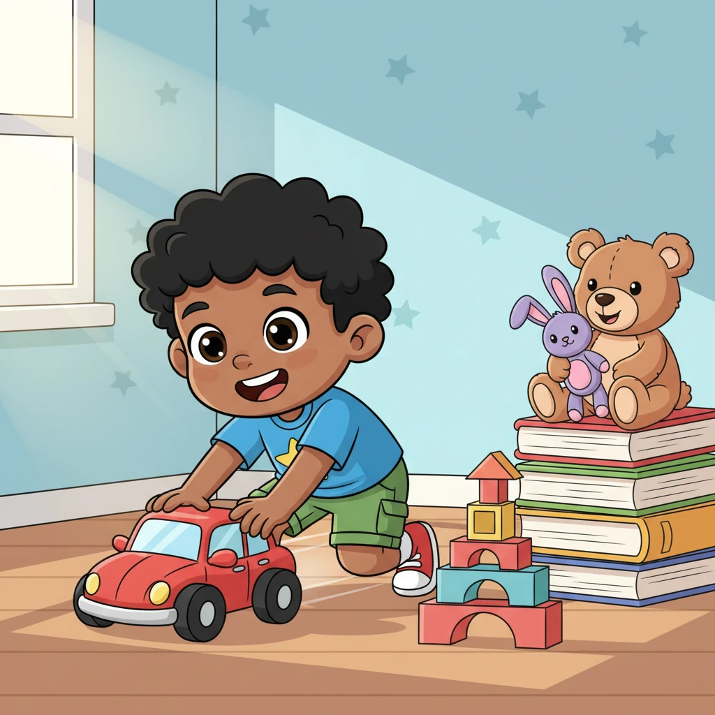 Leo was a super speedy little boy who loved to zoom around his room, playing with all his toys! His bright red car raced past a tower of blocks, while his cuddly bear watched from a pile of books. Every day was an adventure, filled with imagination and fun.