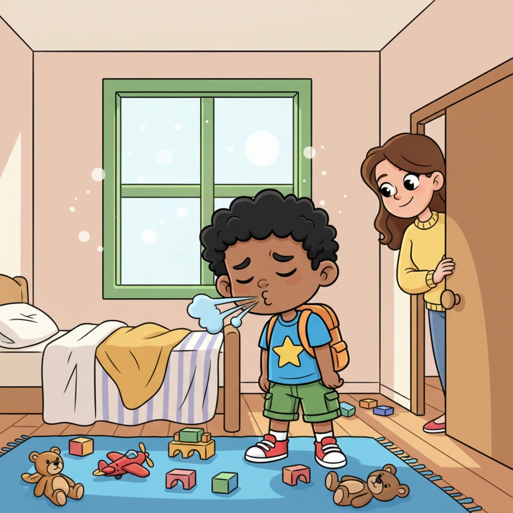 "Leo, my little whirlwind!" his mom called with a smile, peeking into his room. "It's time to put away your toys and make your bed before we go to the park." Leo let out a big sigh, his shoulders slumping like a sad balloon. He just wanted to play, not tidy!