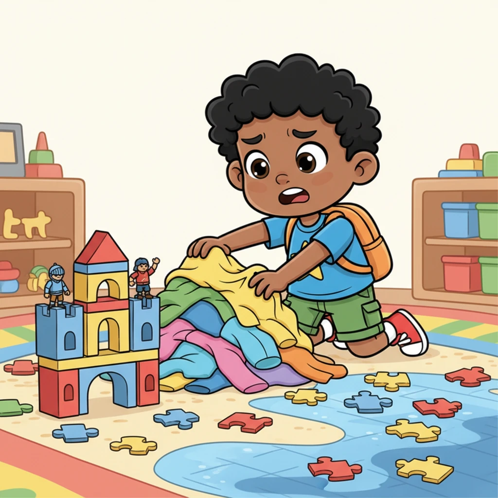 Leo tried to ignore the messy floor and build a magnificent castle for his action figures. But oh dear, his favorite shiny knight was nowhere to be found! He rummaged through a mountain of clothes and a sea of scattered puzzle pieces, feeling more frustrated than playful.