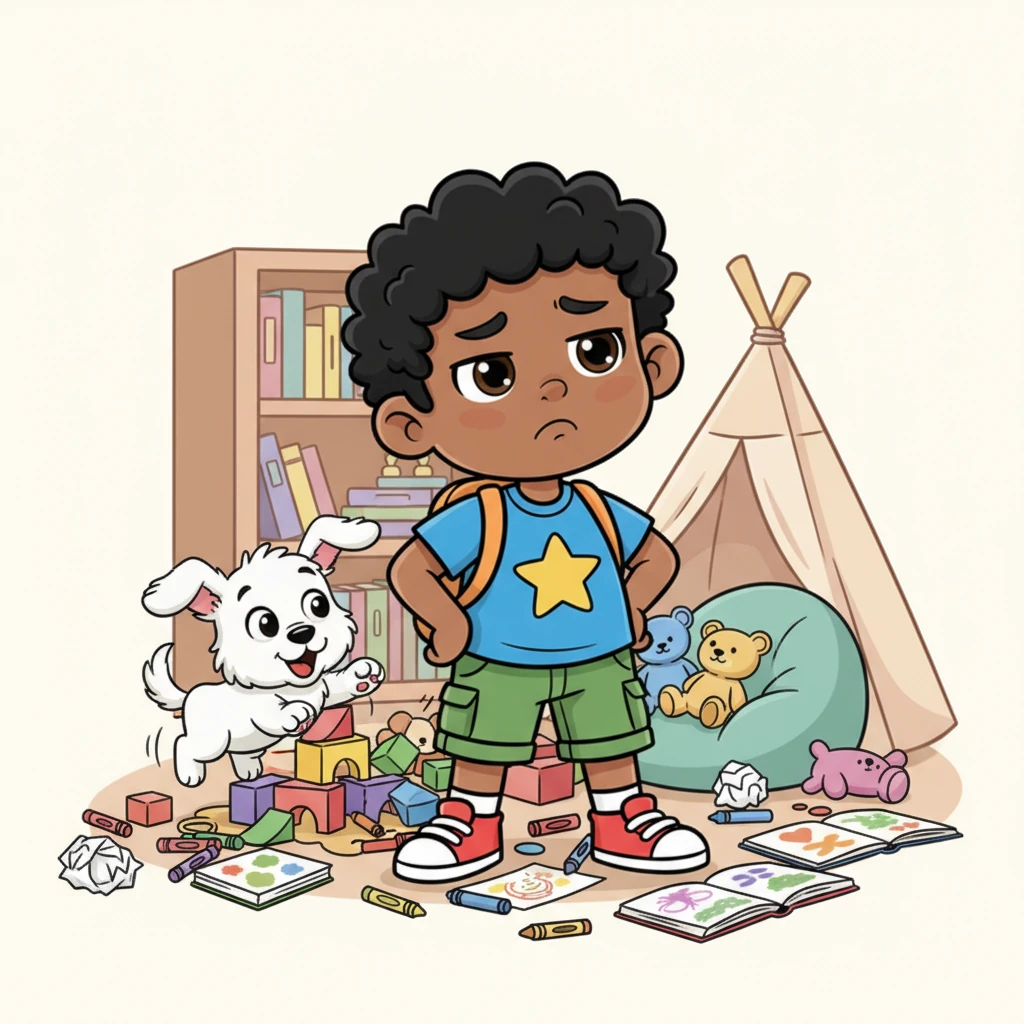 He tried to play hide-and-seek with his giggling puppy, Pip, but Pip kept tripping over the jumbled toys. Even his cozy reading nook was covered in crayons and crumpled drawings. Leo's happy face slowly turned into a grumpy frown.