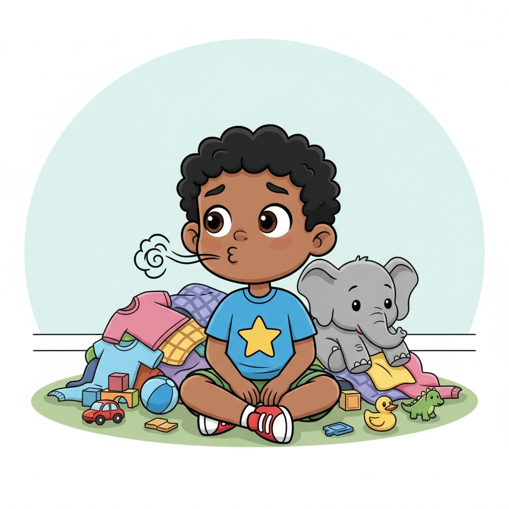 Leo sat down with a huff, looking around at the chaos. His favorite stuffed elephant, Ellie, looked a little squished under a pile of clothes, and his bright blue ball was completely lost. It felt like his toys were whispering, "We miss our proper places!"