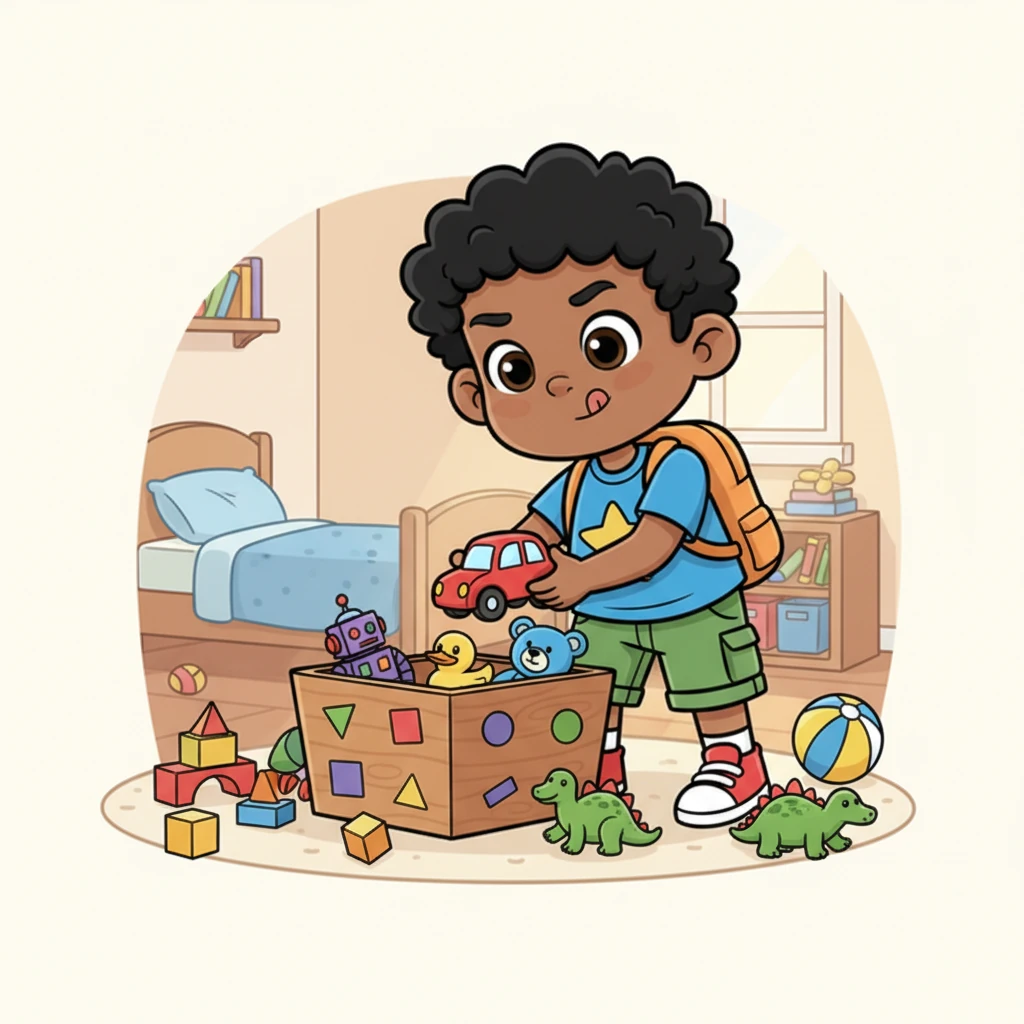 Suddenly, Leo had a brilliant idea! He couldn't play his best if his room was a muddle. With a determined wiggle, he decided to start small. He picked up his red car and carefully placed it in its toy box.
