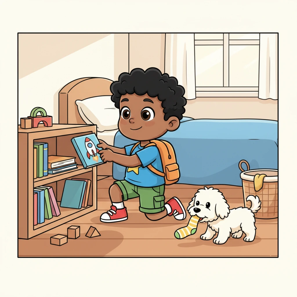One by one, Leo gathered his blocks, tucked his books onto the shelf, and even smoothed out his bed. Pip wagged his tail happily, nudging a stray sock towards the laundry basket. Leo worked with a focus he hadn't known he had!