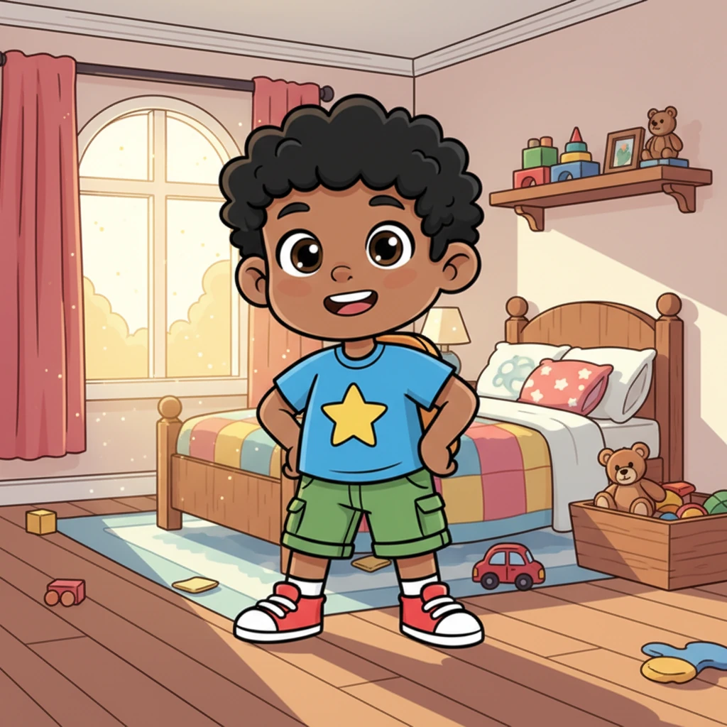 Soon, the room transformed! The floor was clear, the bed was neat, and all the toys were snuggled in their homes. Sunlight streamed through the window, making everything sparkle. Leo stood tall, a big, proud smile stretching across his face.