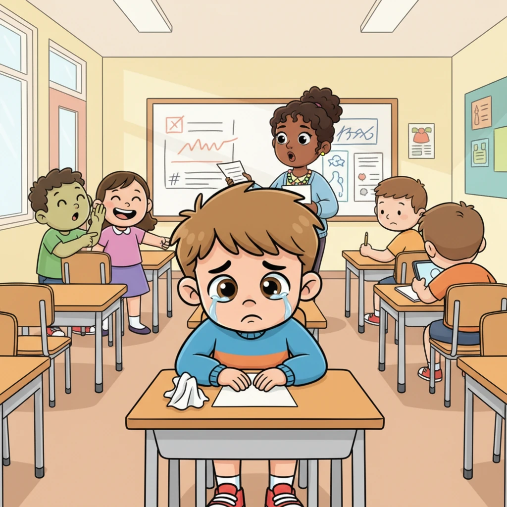 Leo sat at his desk, his shoulders slumped as his teacher announced the test results. A single tear welled in his eye, reflecting the bright classroom lights, as he knew he had placed last again. Around him, some classmates giggled softly, while others, focused and unaware, simply moved on to the next task.