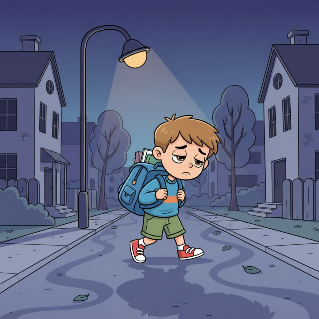 The evening air was cool as Leo walked home, his backpack feeling heavy on his small back. A lone streetlight flickered above him, casting long, dancing shadows that seemed to mirror his exhaustion. Each step felt like a monumental effort after a long day.