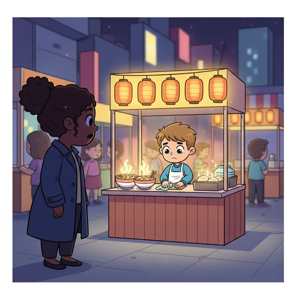 Later that night, the teacher, cloaked in shadow, followed a hunch down a bustling street. She spotted Leo, not at home, but diligently working. The vibrant glow of a food stall illuminated his small, determined figure.