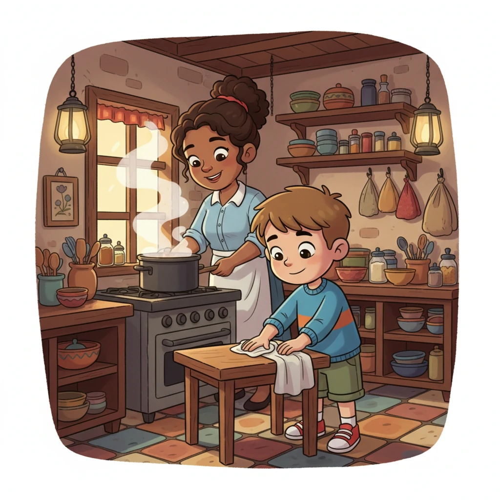 Leo was busy wiping down a table, his small hands moving quickly and efficiently. His mother, her face etched with warmth and love, cooked delicious food behind him, steam rising in the dim, cozy light. It was clear this was their family's livelihood.