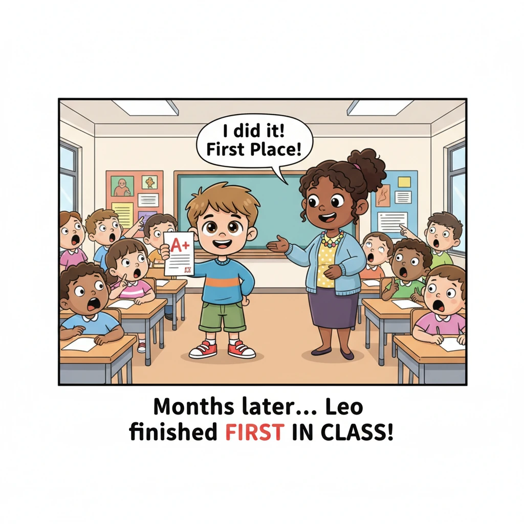 Months later, the classroom buzzed with excitement as the teacher read out the top test score. Leo stood tall, a confident smile beaming across his face, holding a perfectly graded paper. His classmates looked on, utterly shocked, as Leo had finished first in class!